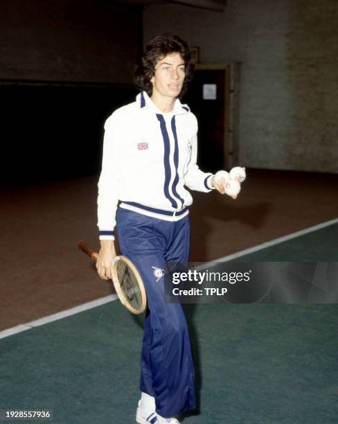 British professional tennis player Virginia Wade holds her racquet in London, England, October 30, 1978.