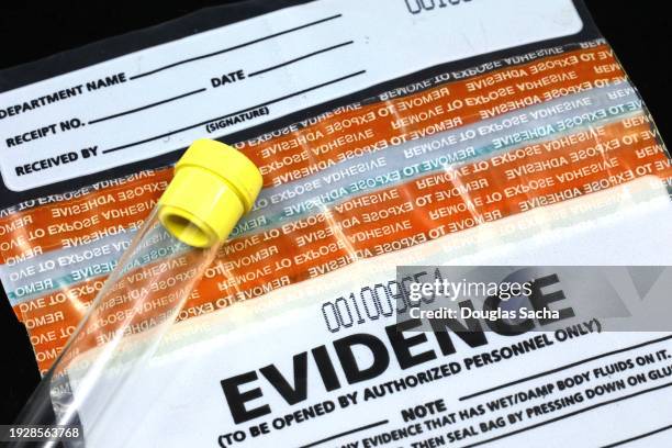 evidence from crime incident in forensic bag, loose fibers of the criminals clothing - schaamhaar stockfoto's en -beelden