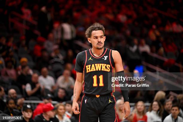 Trae Young of the Atlanta Hawks looks on during the game against the Indiana Pacers on January 12, 2024 at State Farm Arena in Atlanta, Georgia. NOTE...
