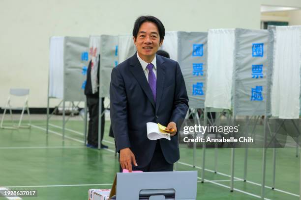 Taiwan's Vice President and presidential candidate for the ruling Democratic Progressive Party Lai Ching-te casts his ballot to vote on January 13,...