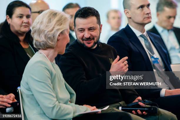 Ukrainian President Volodymyr Zelensky speaks with European Commission President Ursula Von der Leyen at a session with 'CEOs for Ukraine' during the...