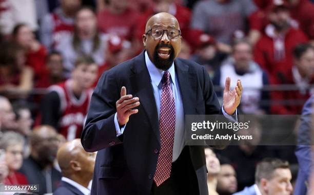 Mike Woodson the head coach of the Indiana Hoosiers gives instructions to his team against the Minnesota Golden Gophers at Simon Skjodt Assembly Hall...