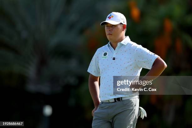 Si Woo Kim of South Korea looks on from the tenth green during the second round of the Sony Open in Hawaii at Waialae Country Club on January 12,...