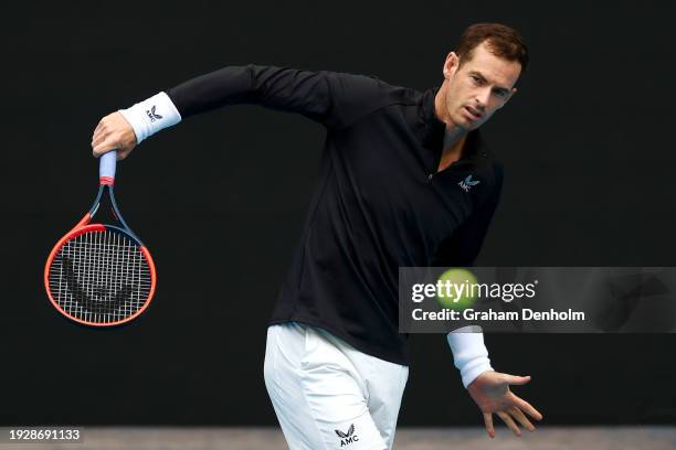 Andy Murray of Great Britain plays a backhand slice during a training session ahead of the 2024 Australian Open at Melbourne Park on January 13, 2024...