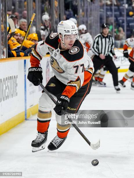 Frank Vatrano of the Anaheim Ducks skates against the Nashville Predators during an NHL game at Bridgestone Arena on January 9, 2024 in Nashville,...