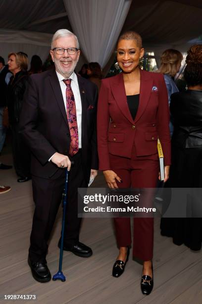 Leonard Maltin and TCM Host Jacqueline Stewart attend the 30th Anniversary of Turner Classic Movies at The Four Seasons Hotel on January 12, 2024 in...