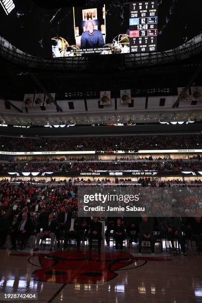 Michael Jordan gives a pre taped speech on the jumbotron during the inaugural Ring of Honor ceremony for the 1995-1996 Chicago Bulls at the game...