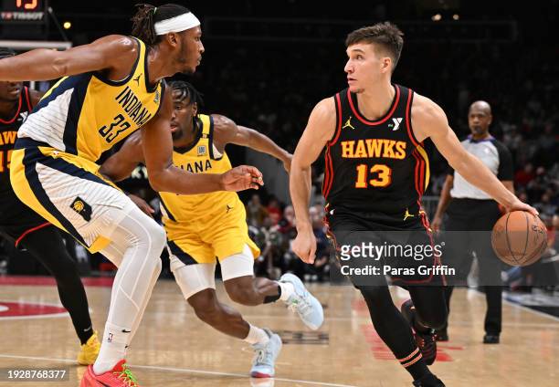 Bogdan Bogdanovic of the Atlanta Hawks shoots the ball during the game against the Indiana Pacers on January 12, 2024 at State Farm Arena in Atlanta,...