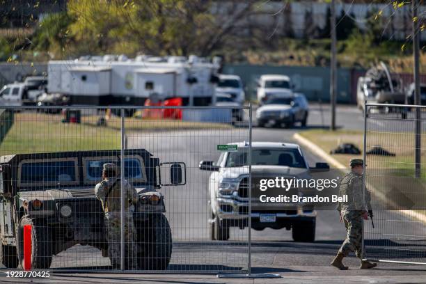 National Guard soldiers stand guard at an entrance to Shelby Park on January 12, 2024 in Eagle Pass, Texas. The Texas National Guard continues its...