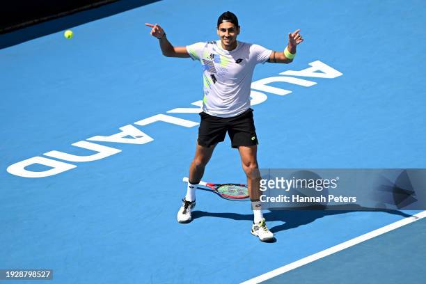 Alejandro Tabilo of Chile celebrates after winning the Men's singles final match against Taro Daniel of Japan during the 2024 Men's ASB Classic at...