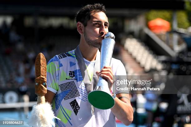 Alejandro Tabilo of Chile celebrates after winning the Men's singles final match against Taro Daniel of Japan during the 2024 Men's ASB Classic at...