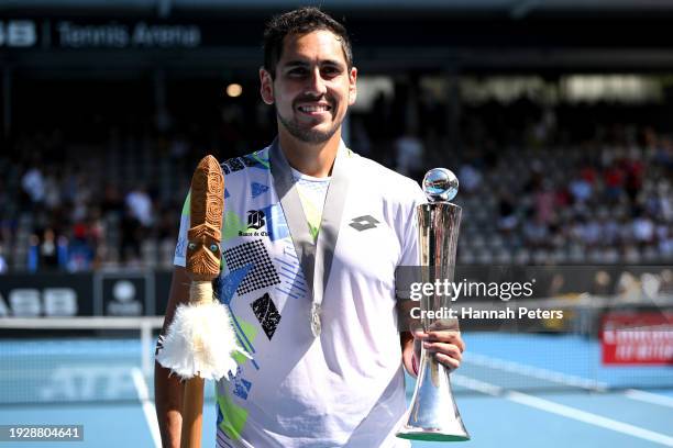 Alejandro Tabilo of Chile celebrates after winning the Men's singles final match against Taro Daniel of Japan during the 2024 Men's ASB Classic at...