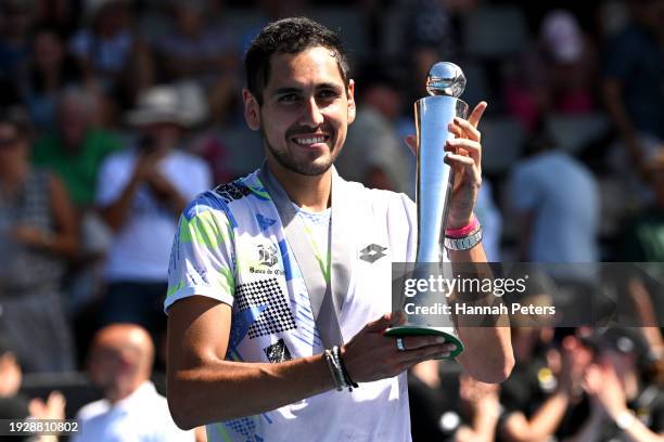 Alejandro Tabilo of Chile celebrates after winning the Men's singles final match against Taro Daniel of Japan during the 2024 Men's ASB Classic at...