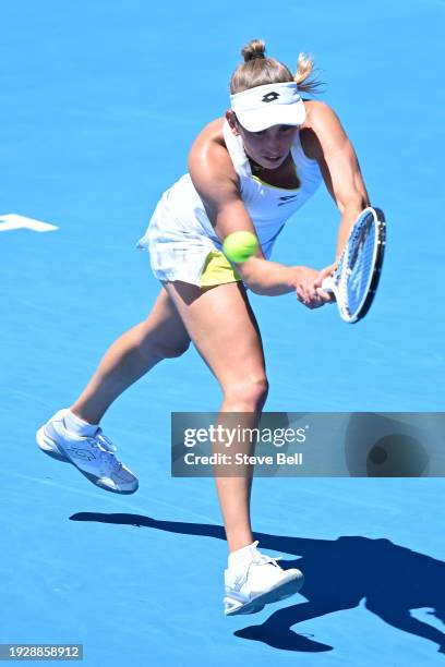 Elise Mertens of Belgium plays a backhand in her match against Emma Navarro of USA during day six of the 2024 Hobart International at Domain Tennis...