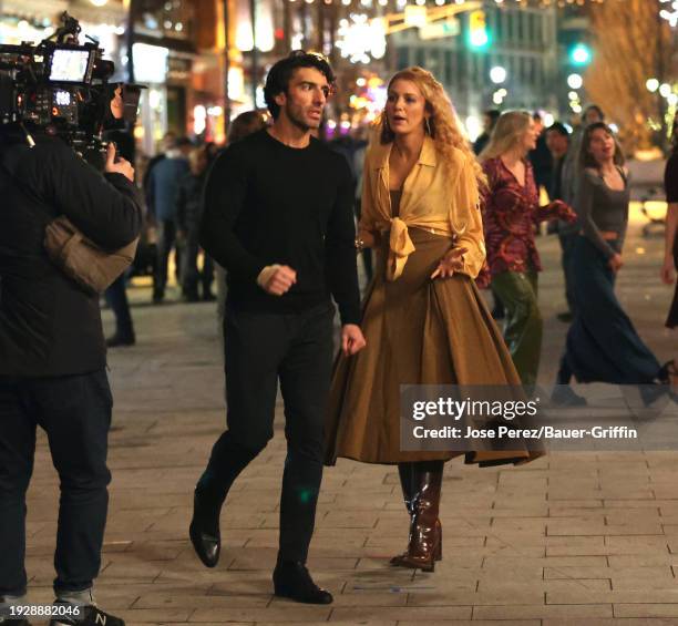 Justin Baldoni and Blake Lively are seen on the set of 'It Ends with Us' on January 12, 2024 in Jersey City, New Jersey.
