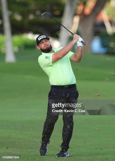 Tyrrell Hatton of England plays a shot on the 16th hole during the second round of the Sony Open in Hawaii at Waialae Country Club on January 12,...