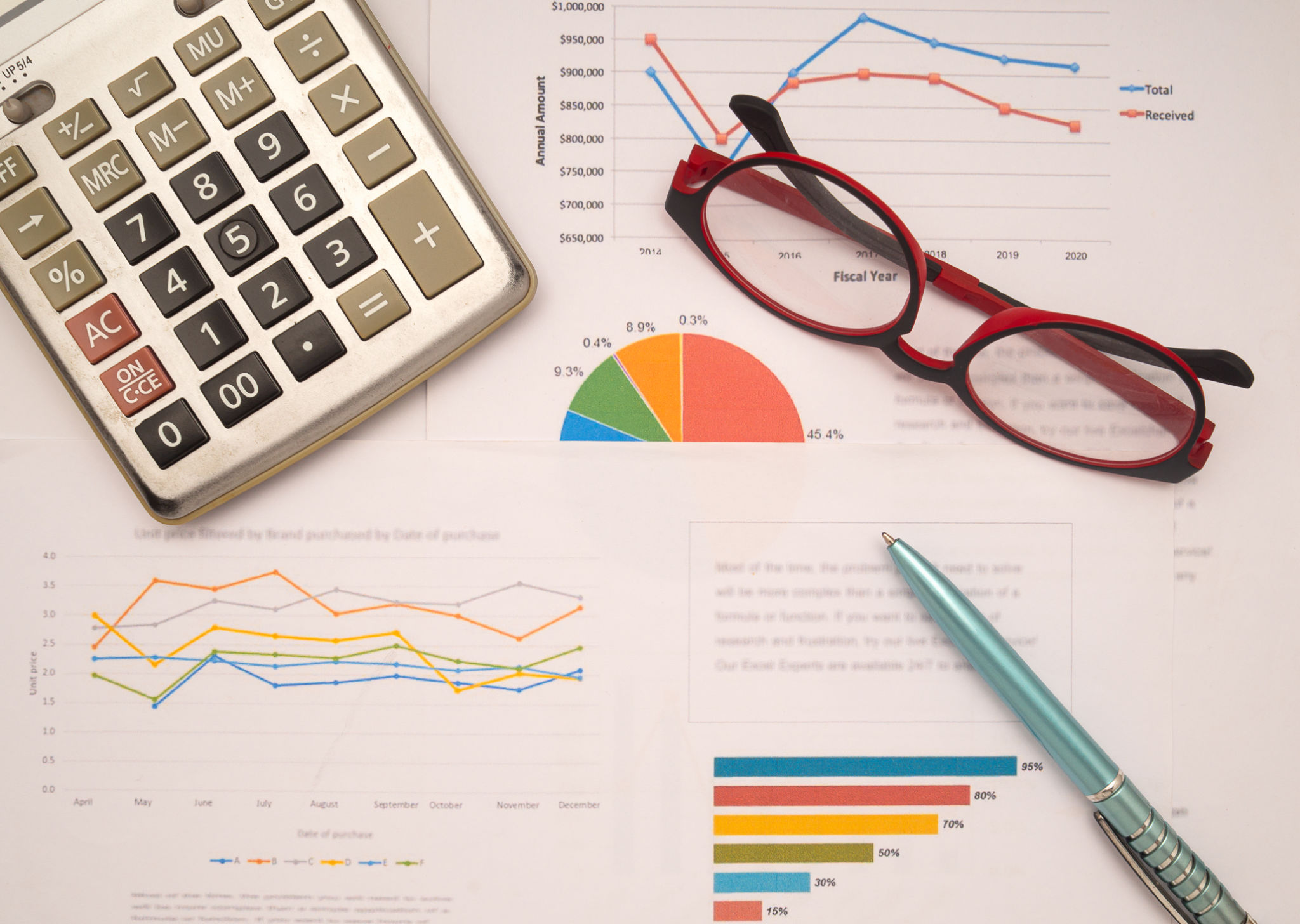 Top view of the work desk with a calculator, glasses, and a pen on business reports background Top view of the work desk with a calculator, glasses, and a pen on business reports background