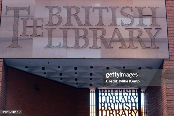 Carved stone sign above the entrance to the British Library on 15th January 2024 in London, United Kingdom. The British Library, a research library,...
