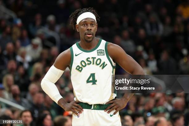 Jrue Holiday of the Boston Celtics waits for a free throw during a game against the Milwaukee Bucks at Fiserv Forum on January 11, 2024 in Milwaukee,...