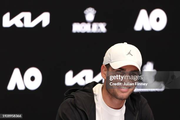 Carlos Alcaraz of Spain speaks to the media at a press conference ahead of the 2024 Australian Open at Melbourne Park on January 13, 2024 in...