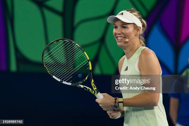 Caroline Wozniacki of Denmark reacts during the Kids Tennis Day Arena Spectacular ahead of the 2024 Australian Open at Melbourne Park on January 13,...