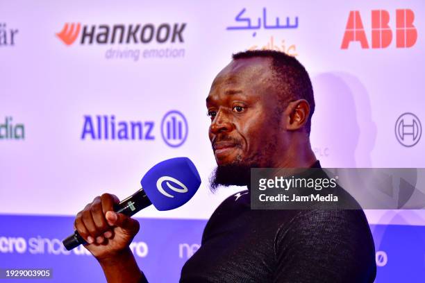 Olympic gold medalist Usain Bolt speaks in conference after driving the Formula E racing car GENBETA during the 2024 Hankook Mexico City E-Prix first...