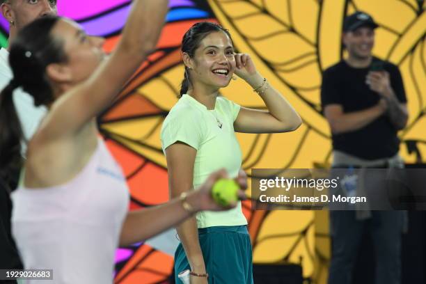 Emma Raducanu of Great Britain smiles during the Kids Tennis Day Arena Spectacular ahead of the 2024 Australian Open at Melbourne Park on January 13,...