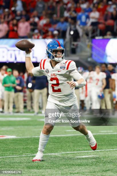 Mississippi Rebels quarterback Jaxson Dart passes the ball during the Chick-fil-A Peach Bowl against the Penn State Nittany Lions on December 30,...