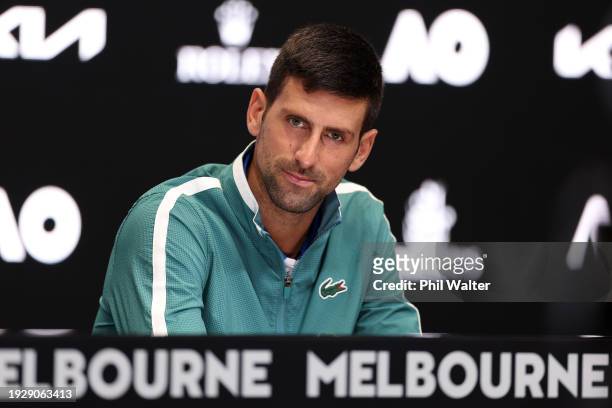 Novak Djokovic of Serbia speaks to the media at a press conference ahead of the 2024 Australian Open at Melbourne Park on January 13, 2024 in...