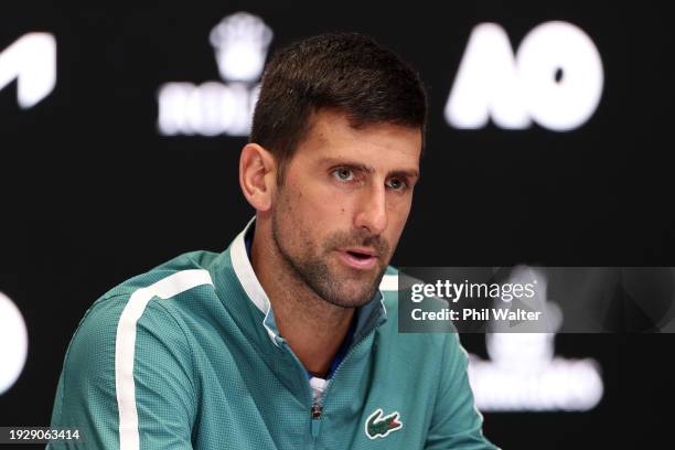 Novak Djokovic of Serbia speaks to the media at a press conference ahead of the 2024 Australian Open at Melbourne Park on January 13, 2024 in...