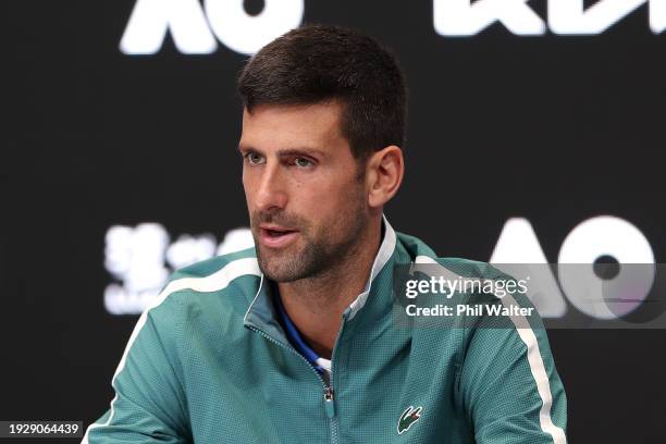 Novak Djokovic of Serbia speaks to the media at a press conference ahead of the 2024 Australian Open at Melbourne Park on January 13, 2024 in...