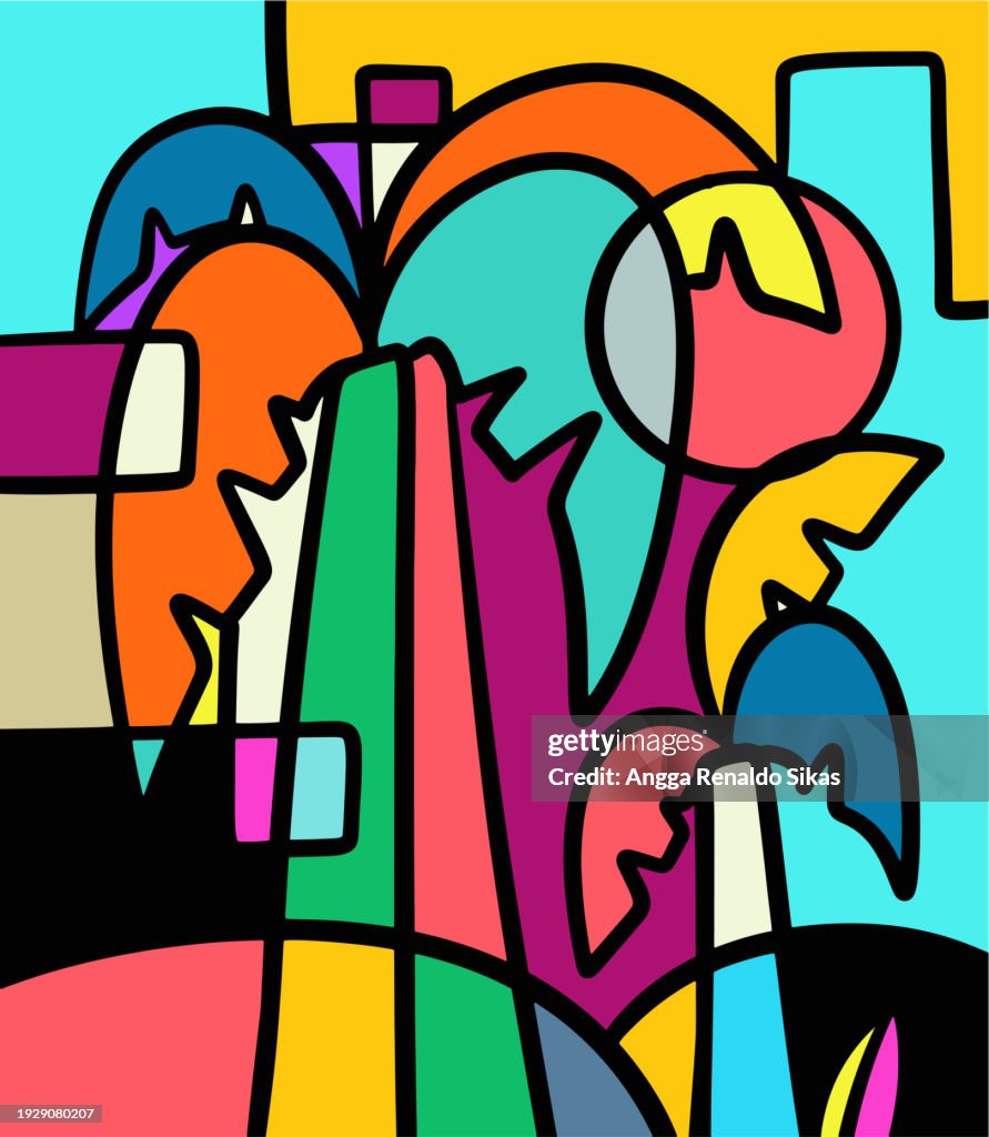 Palmen am Strand, Sonnenuntergang und Stadtgebäude mit warmen, leuchtenden Farben abstrakte Kunst