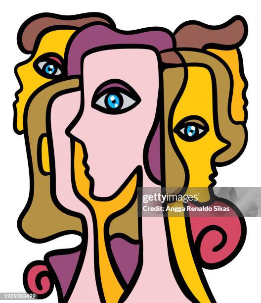 women cubism abstract art - face against wall stock illustrations