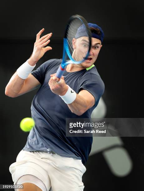 Jack Draper of Great Britain Plays a forehand in their Mens Final match against Jiri Lehecka of Czechoslovakia in the 2024 Adelaide International at...