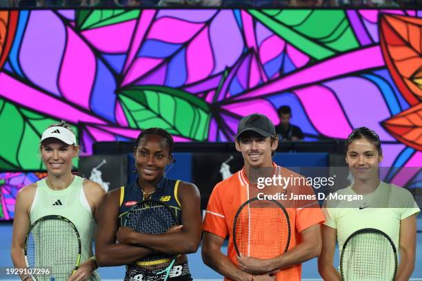 Caroline Wozniacki of Denmark, Coco Gauff of the United States, Alex de Minaur of Australia and Emma Raducanu of Great Britain during the Kids Tennis...