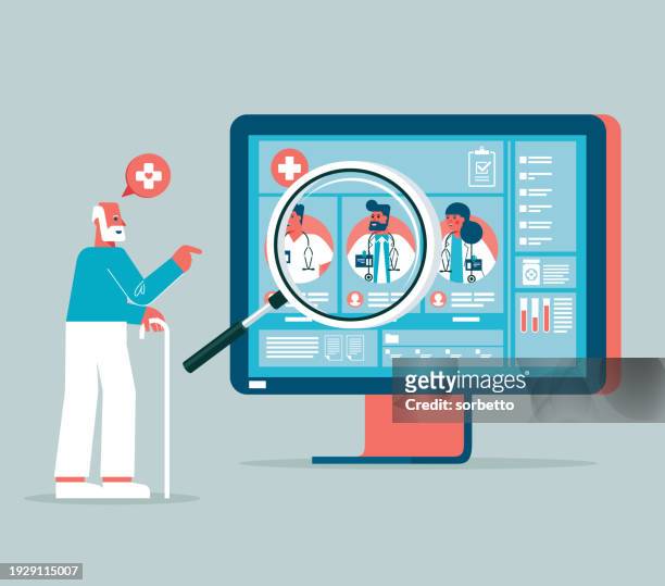 ilustraciones, imágenes clip art, dibujos animados e iconos de stock de un anciano elige médico - lateral portrait looking mobile