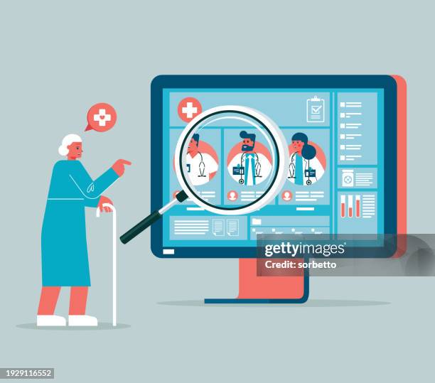 ilustraciones, imágenes clip art, dibujos animados e iconos de stock de anciana elige médico - lateral portrait looking mobile