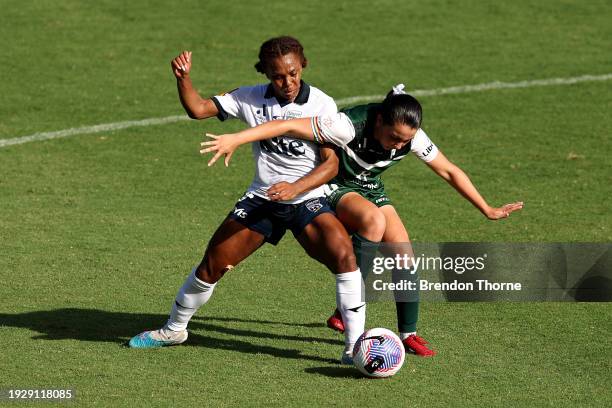 Mariah Lee of Adelaide United competes with Mary Stanic-Floody of Canberra United during the A-League Women round 12 match between Canberra United...