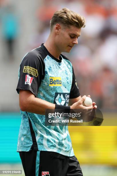 Spencer Johnson of the Heat prepares to bowl during the BBL match between Perth Scorchers and Brisbane Heat at Optus Stadium, on January 13 in Perth,...