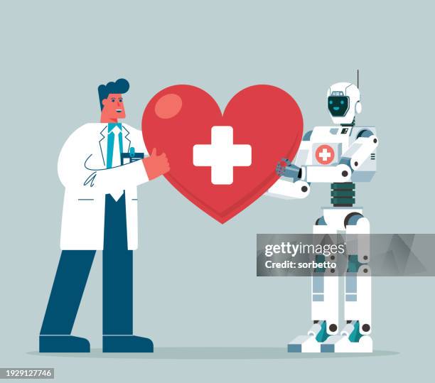 roboter und ärzte - herz - fake hospital stock-grafiken, -clipart, -cartoons und -symbole