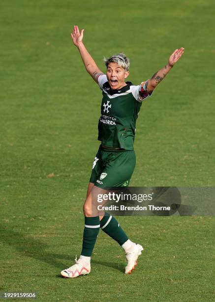 Michelle Heyman of Canberra United celebrates scoring a goal during the A-League Women round 12 match between Canberra United and Adelaide United at...