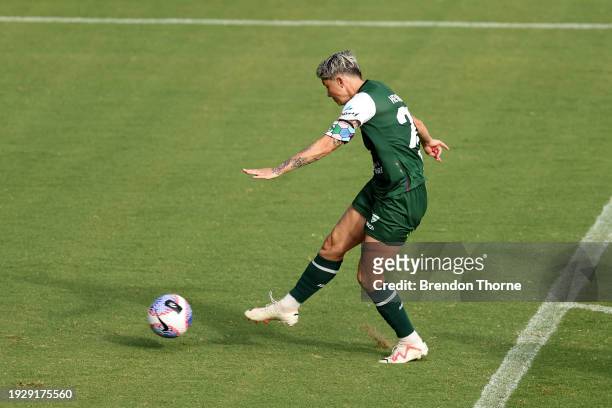 Michelle Heyman of Canberra United shoots and scores during the A-League Women round 12 match between Canberra United and Adelaide United at...