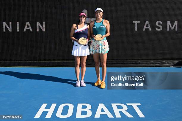 Giuliana Olmos of Mexico and Hao-Ching Chan of Chinese Taipei pose for photos after winning the Doubles final during day six of the 2024 Hobart...
