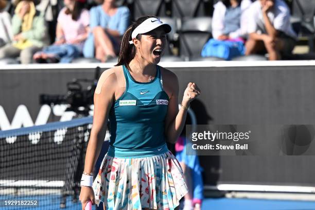 Hao-Ching Chan of Chinese Taipei celebrates winning the doubles final during day six of the 2024 Hobart International at Domain Tennis Centre on...