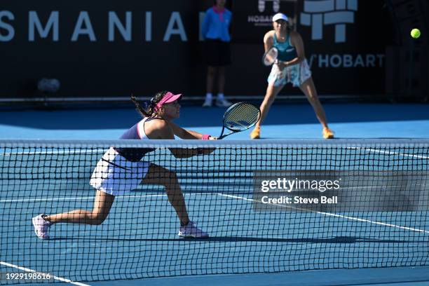 Giuliana Olmos of Mexico plays a backhand during the doubles final on day six of the 2024 Hobart International at Domain Tennis Centre on January 13,...