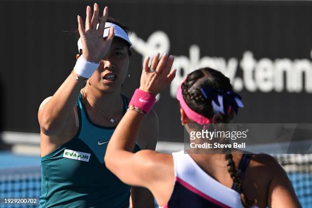 Hao-Ching Chan of Chinese Taipei and Giuliana Olmos of Mexico celebrate during the doubles final on day six of the 2024 Hobart International at...