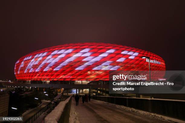 The words Danke Franz are projected in tribute to Franz Beckenbauer of FC Bayern München onto Bayern's stadium, the Allianz Arena ahead of the...