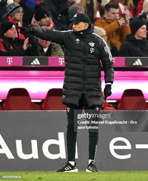 Head coach Thomas Tuchel of FC Bayern München gestures during the Bundesliga match between FC Bayern München and TSG Hoffenheim at Allianz Arena on...