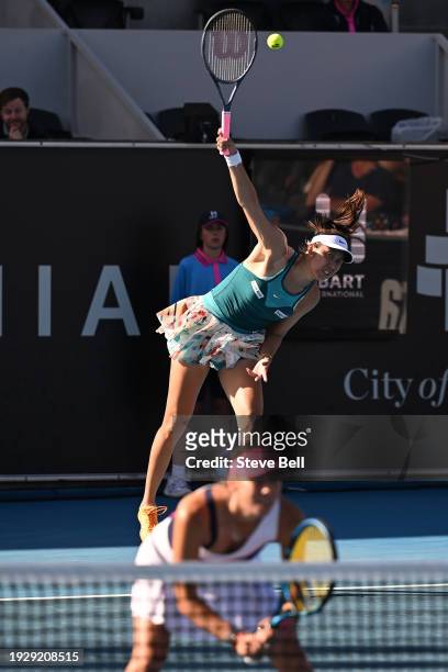 Hao-Ching Chan of Chinese Taipei serves during the doubles final on day six of the 2024 Hobart International at Domain Tennis Centre on January 13,...