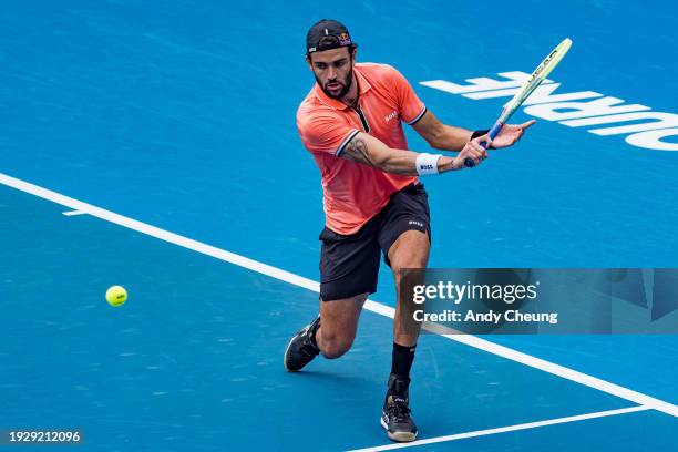 Matteo Berrettini of Italy plays a backhand during a practice session ahead of the 2024 Australian Open at Melbourne Park on January 13, 2024 in...